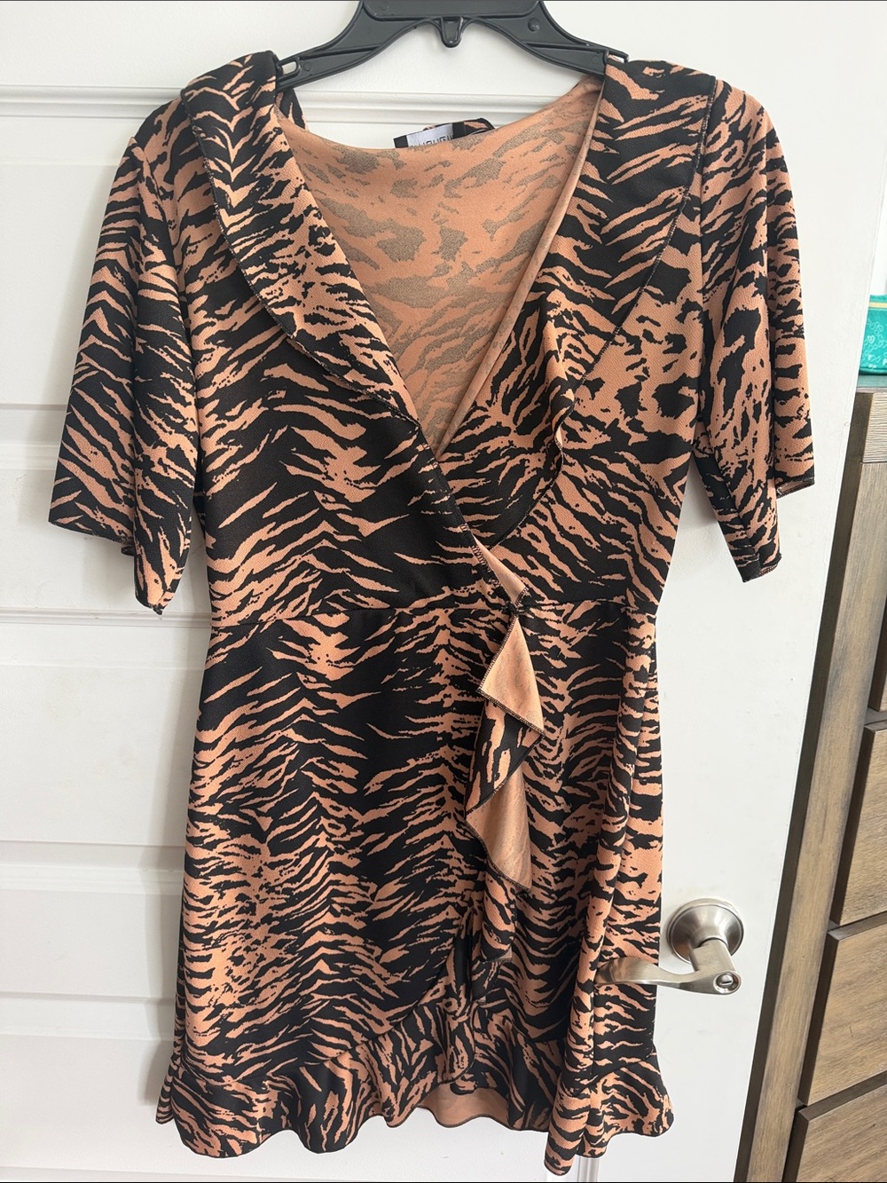 PrettyLittleThing Black and Peach Animal-Print Wrap Mini Dress